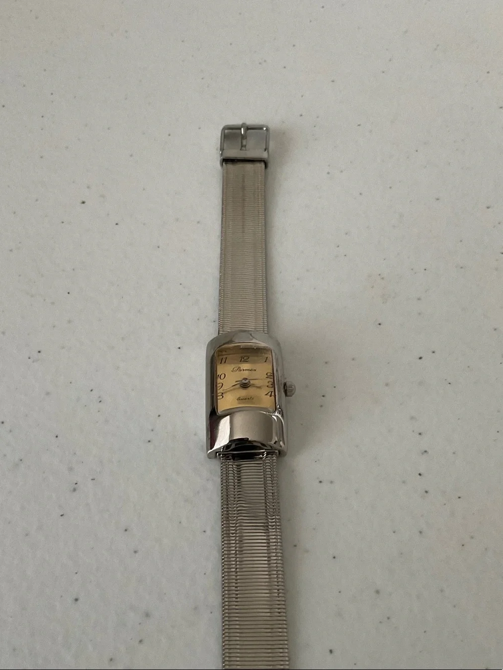 Rectangular Silver-Tone Quartz Watch with Champagne Dial